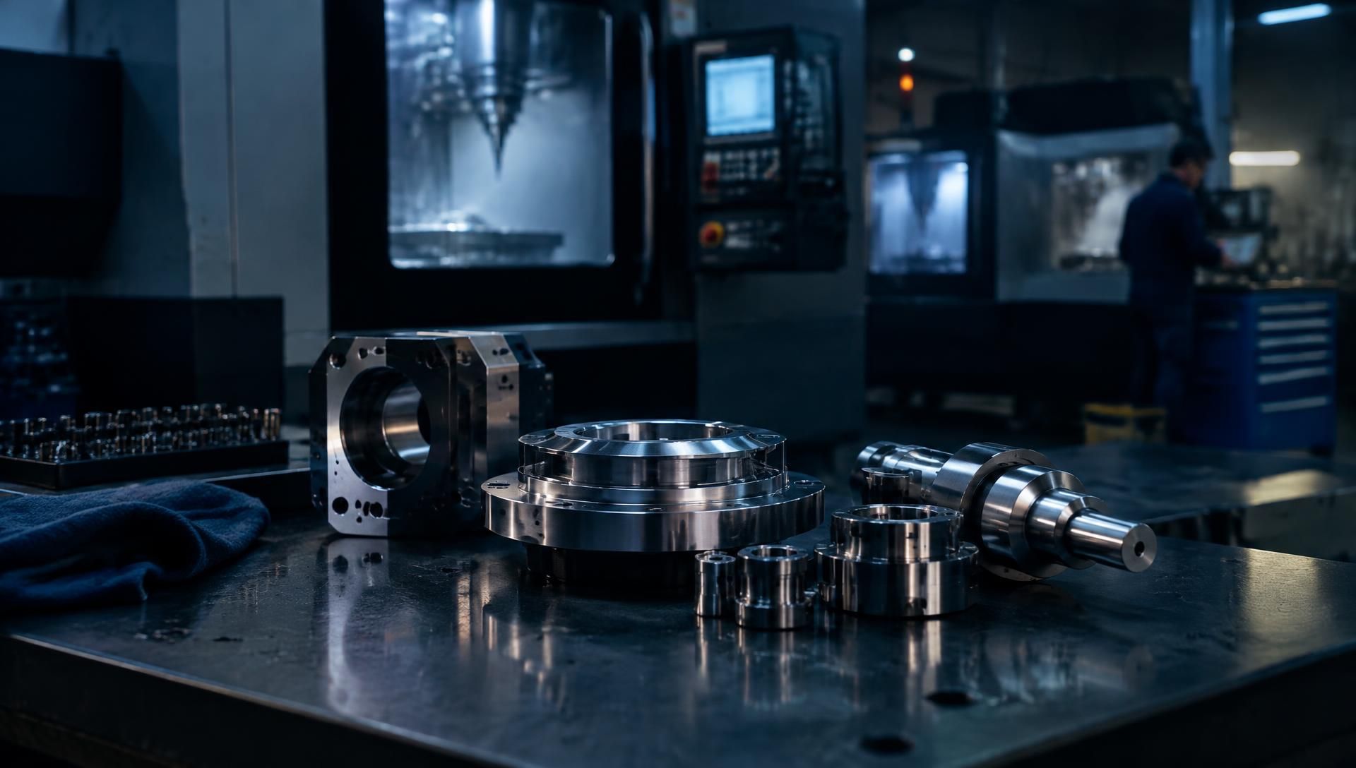 Precision components on a workbench in a machining environment (illustrative)