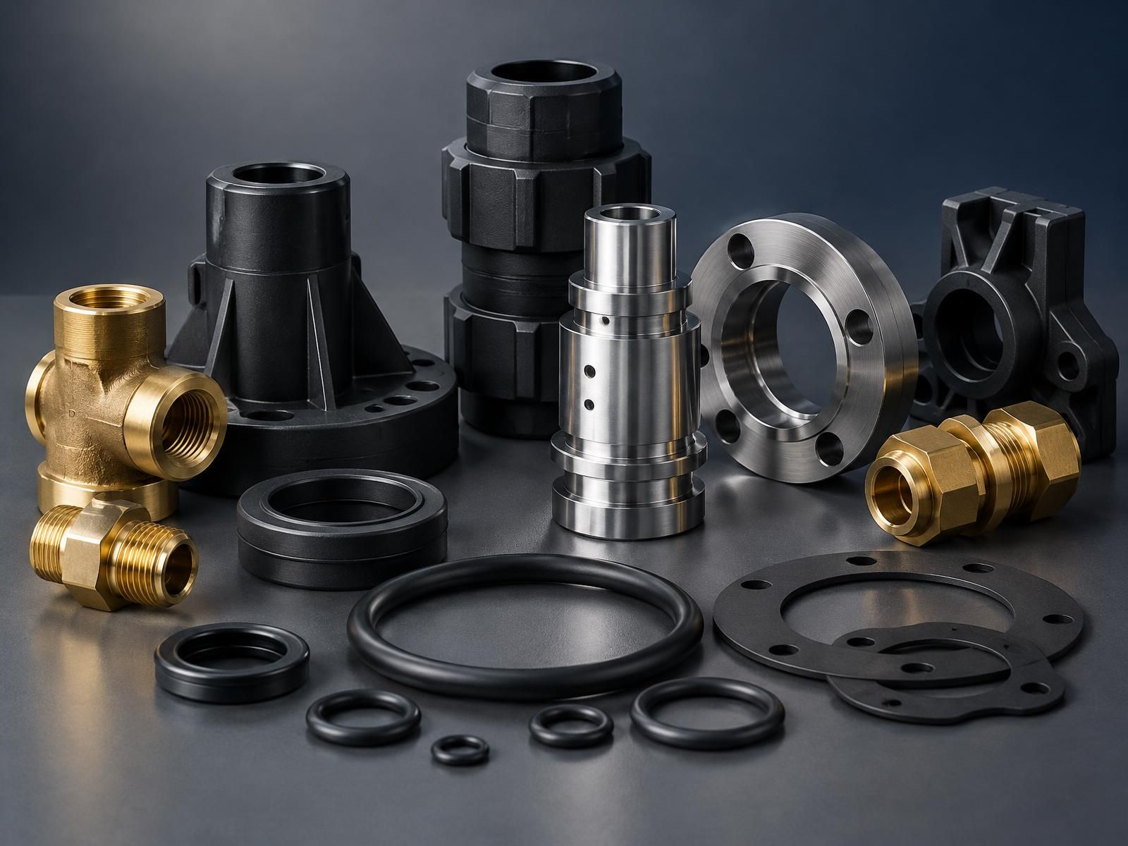 Brass, polymer and rubber industrial components arranged as a still life